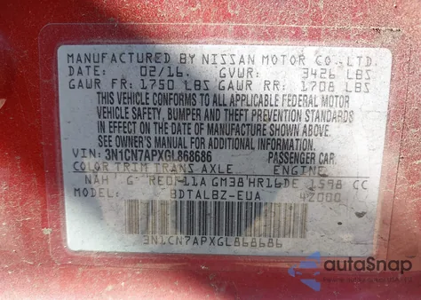 2016 Nissan Versa S/S Plus/Sv/Sl from USA, damaged, VIN 3N1CN7APXGL868686